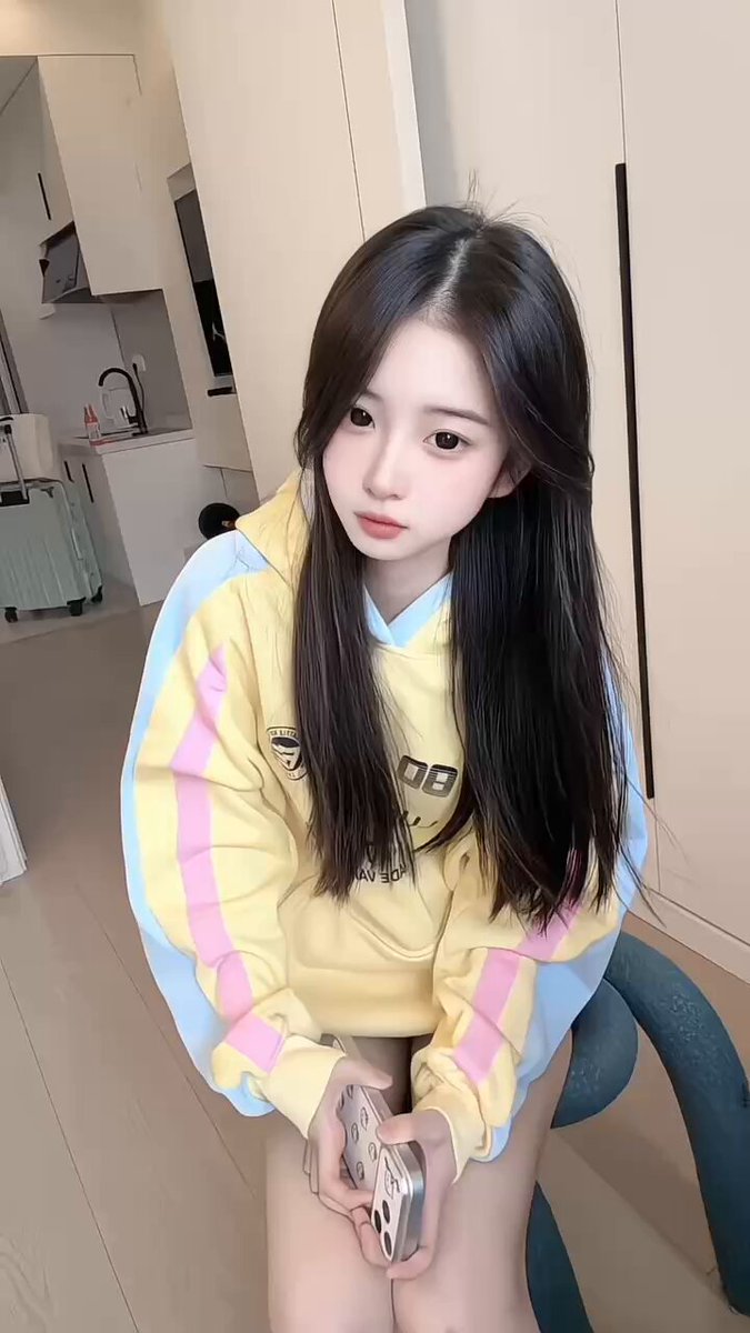 清純な長髪の女の子がピンクのパーカーを着てしゃがんでスマホをいじる — 魅力的なヒップ！