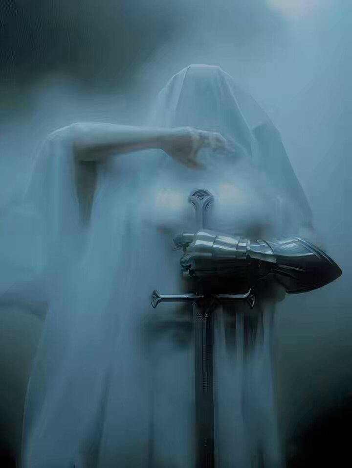 雾中白纱女骑士持剑诱惑