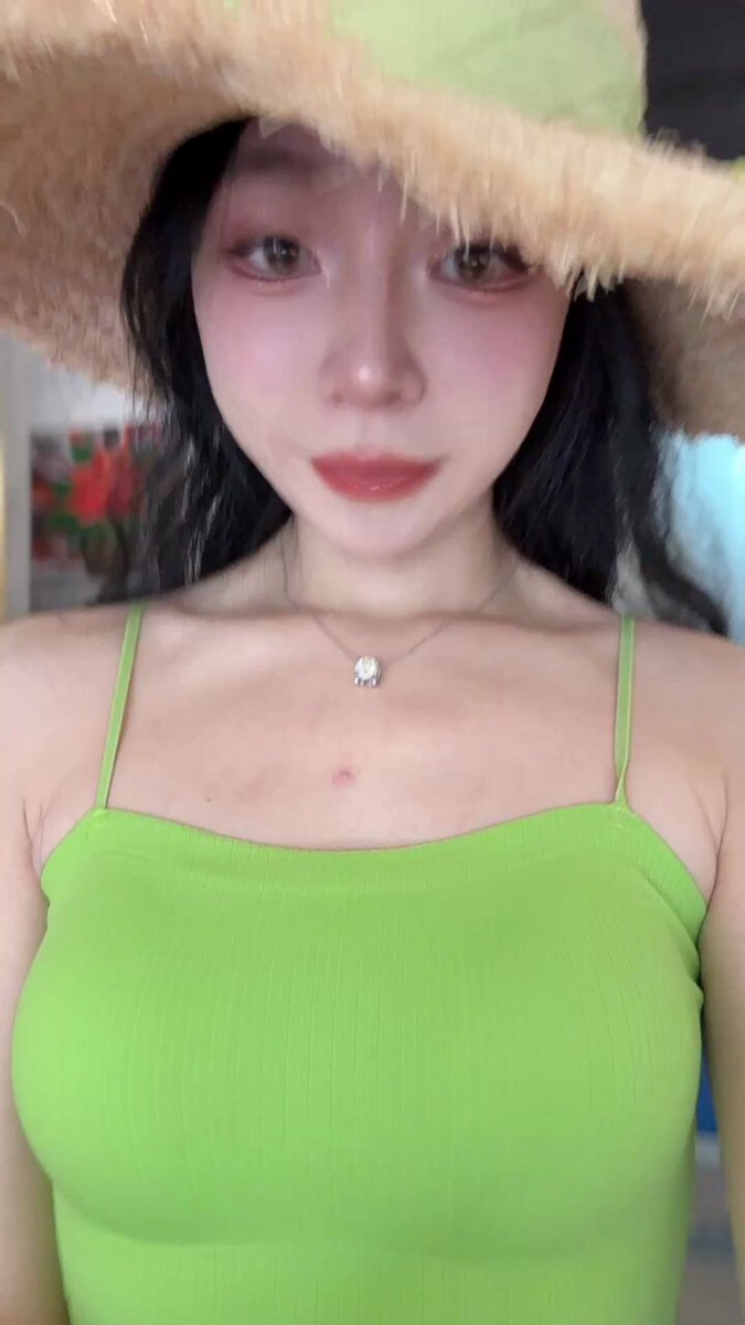 Straw-Hat Beauty in Green Camisole Teases with Nipple Clamp and Breast Play — Busty Jiggle, Super Seductive!