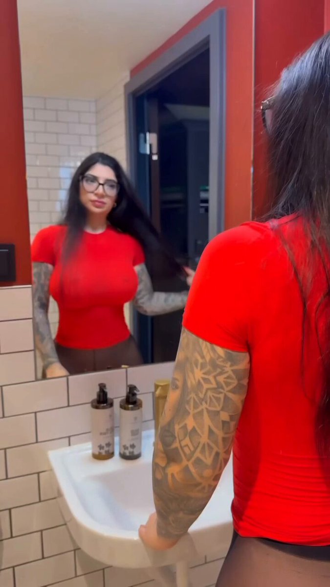 Glasses Tattooed Hot Girl in Bathroom — See-Through Black Stockings, Perky Butt & Big Boobs Tease