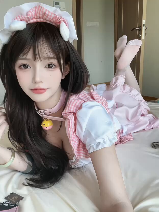 Bunny Maid Temptation! Black-Stocking Beauty in Deep-V, Busty Bell-Shaking Selfie