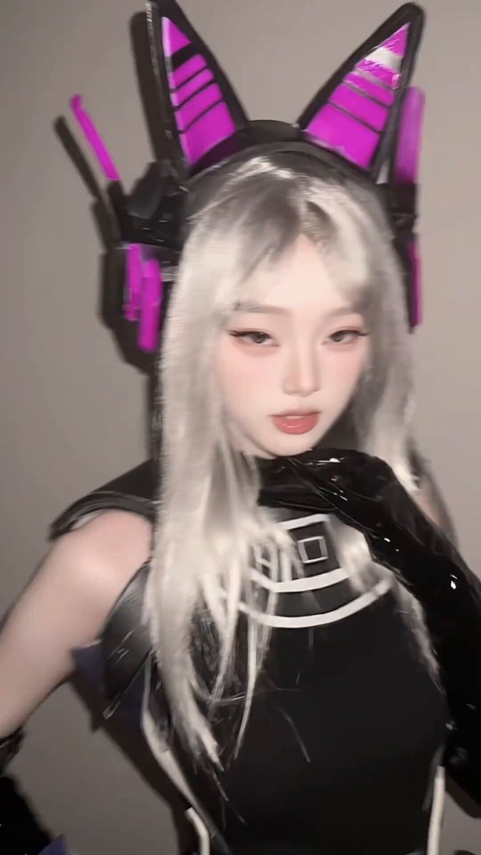 Silver-Haired Cat-Ear Cosplay Slut Licking Fingers Tease — Black Stockings, Tight Latex Queen Orgasm Play