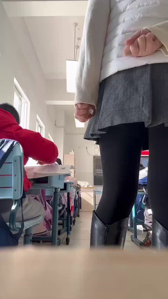 Classroom Sexy Girl in Crotchless Pantyhose Shows Off Pussy with Bead Chain, Black Stockings, Thigh-High Boots and Perky Ass