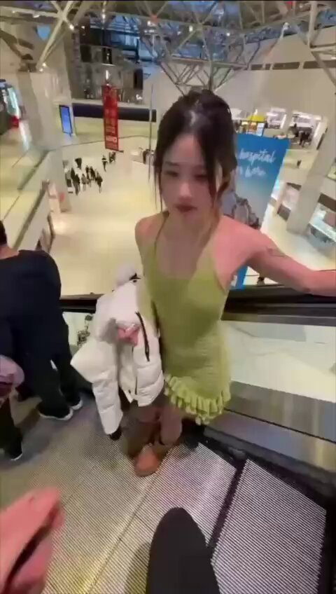Mall Escalator Wardrobe Malfunction: Hot Girl's Green Mini Skirt Flies Up!