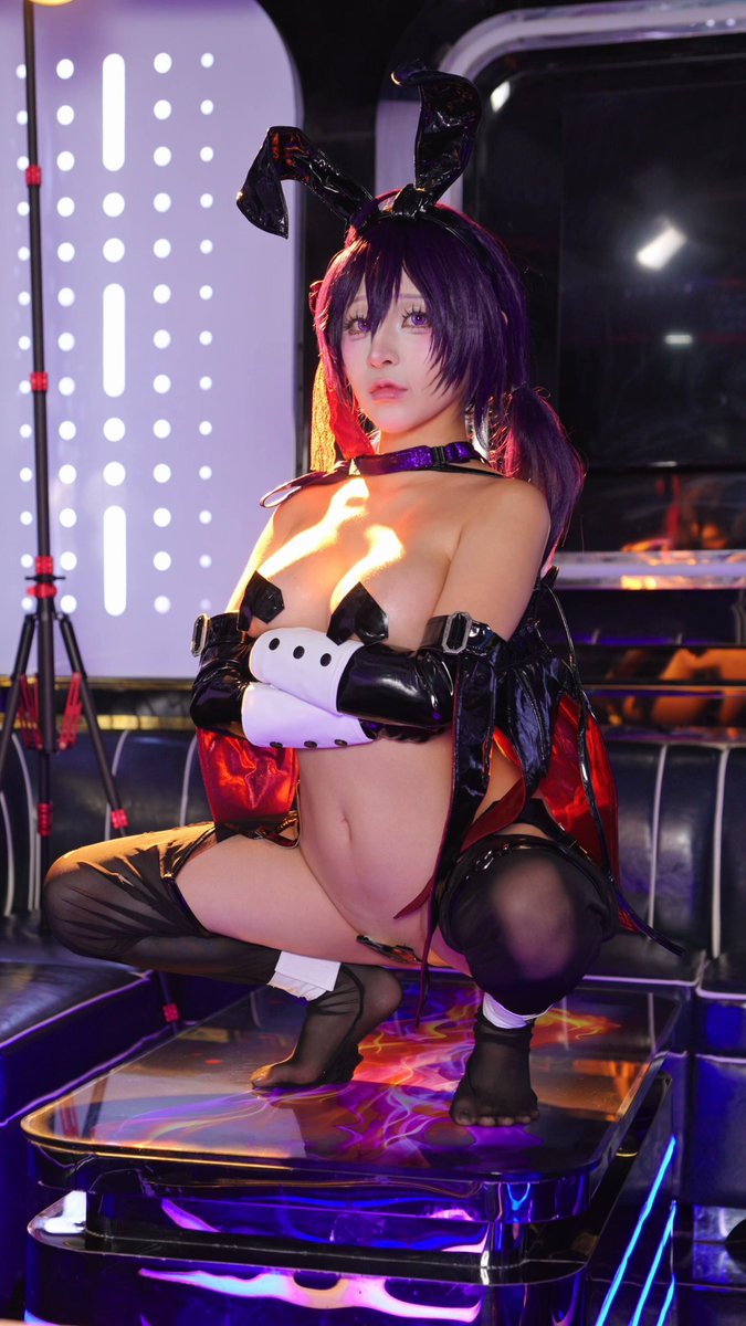 Purple-Haired Bunny Girl Cosplay! Huge Boobs, Black Stockings, M-Shaped Leg Spread Exposing Pussy — Wild Seduction