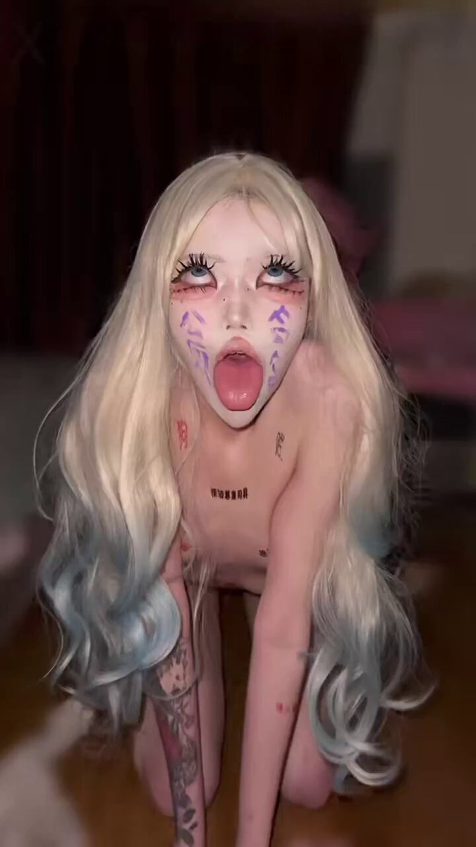 Creepy Blonde Cosplay Slut Crawling Naked, Sticking Out Tongue Begging to Be Fucked