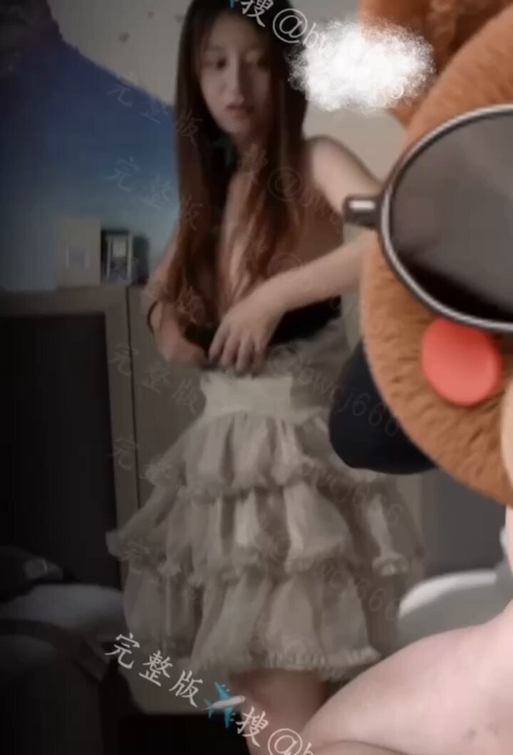 Long-haired beauty in lace skirt masturbates to orgasm — panda head exposes genitals and fiercely thrusts a toy