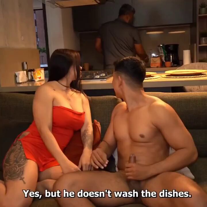 Tattooed hottie in a red dress wildly rides a hunk's huge cock on the sofa — deepthroat and creampie orgasm