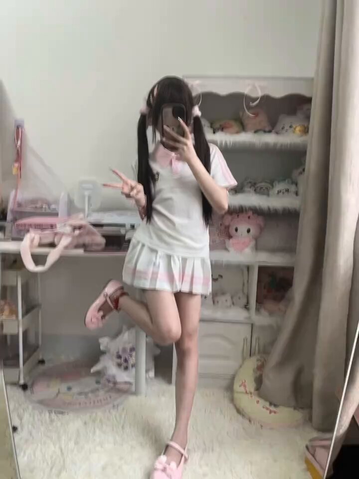 Cute Twin-Tails Lolita-Style in Pink Lolita Skirt — Adult Cosplay Selfie Showing Long Legs
