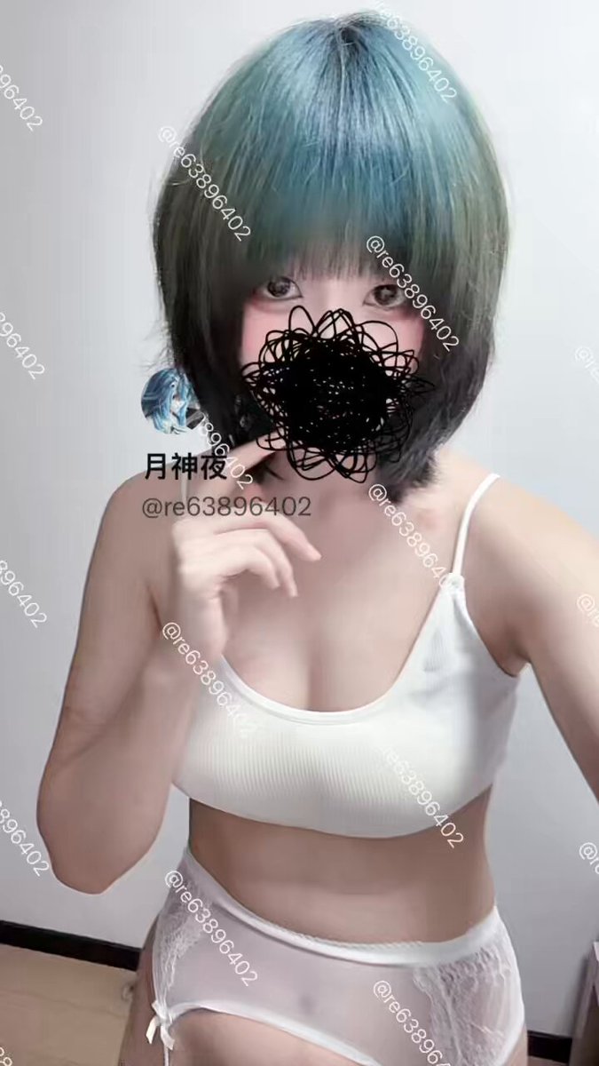 Blue-Haired Cutie in White-Silk Strappy Lingerie Full-Nude Selfie Tease