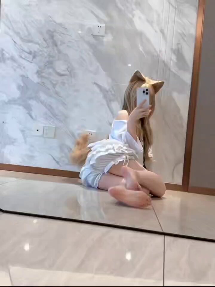 Catgirl Treat! White Stockings, Short Skirt Sitting on the Floor Showing Soles — Teasing Selfie