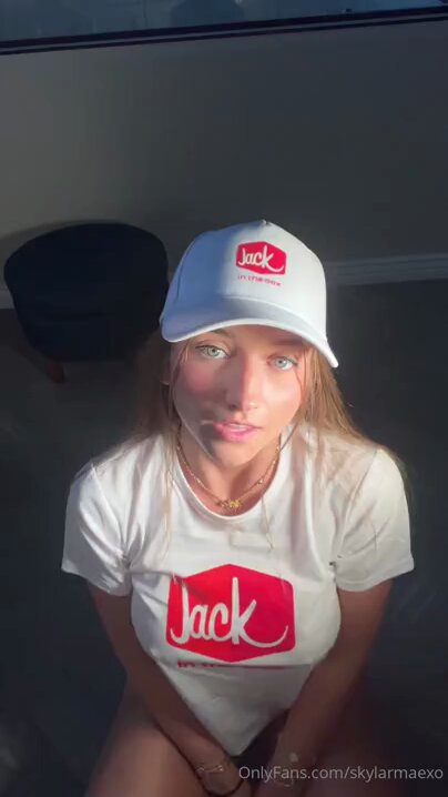 Sexy Blonde in Jack in the Box T-Shirt Kneels Naked Below, Rubbing Breasts and Teasing Her Pussy