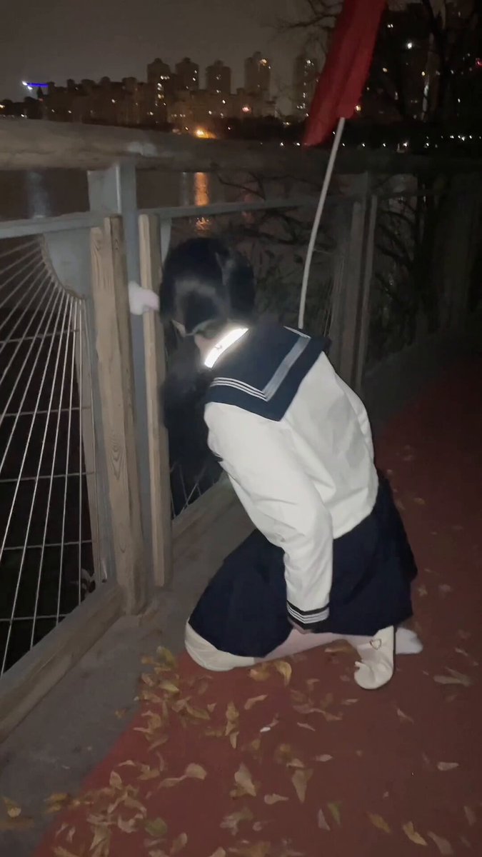 夜の橋の貯水池 — セーラー服の成人女性が跪いてディルドを舐め、ヒップを晒して絶頂