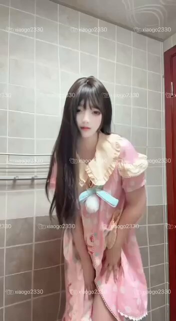 Bathroom: Long Straight Black-Haired Beauty Removes Pink Nightgown, Revealing Hairy Pussy — Seductive Show