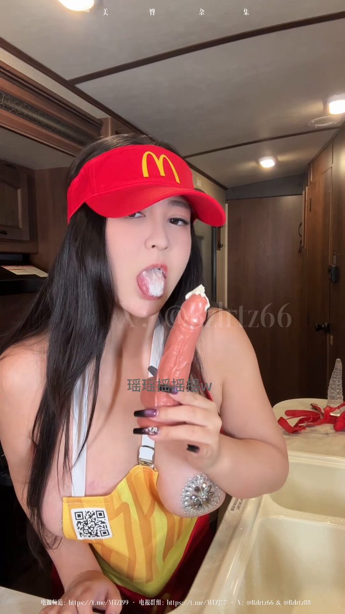 McDonald's babe licks giant dildo! Huge breasts overflowing, facial cum orgasm