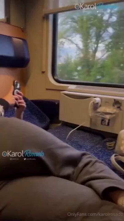 Busty beauty Karol on the train wildly licks a cock and gets pounded from behind to orgasm!