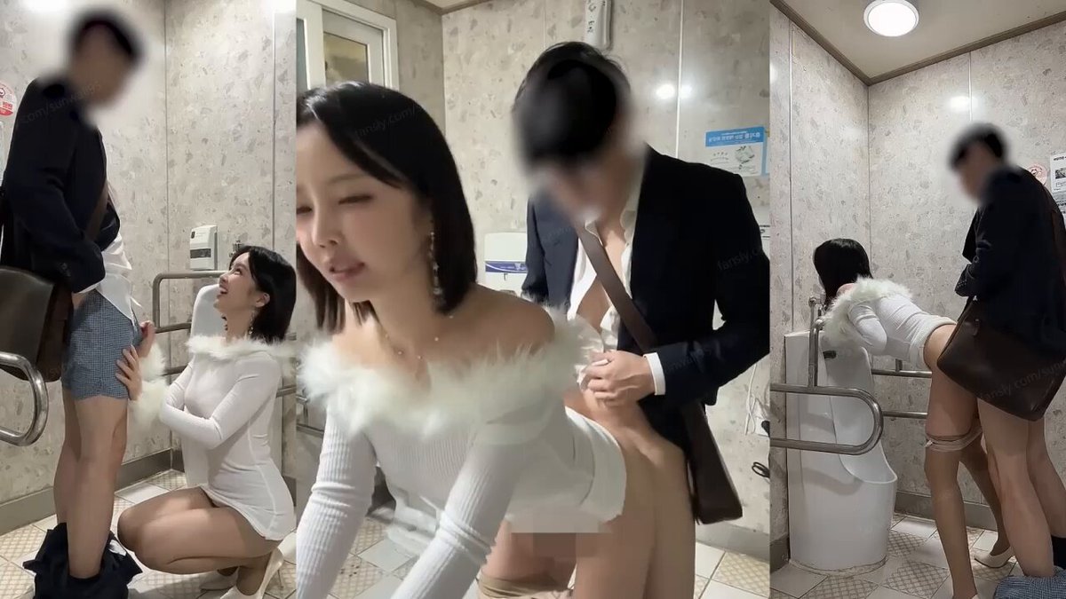 公衆トイレの熱狂！美女のプリッとしたお尻がひざまずいて巨根を舐める　トイレで激しく突かれ潮吹きでイく