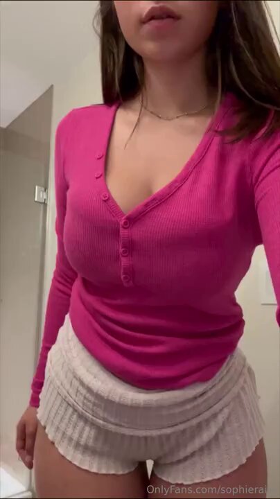 Busty Beauty in Pink Tight Top Unbuttons in Bathroom, Sways Her Curvy Butt