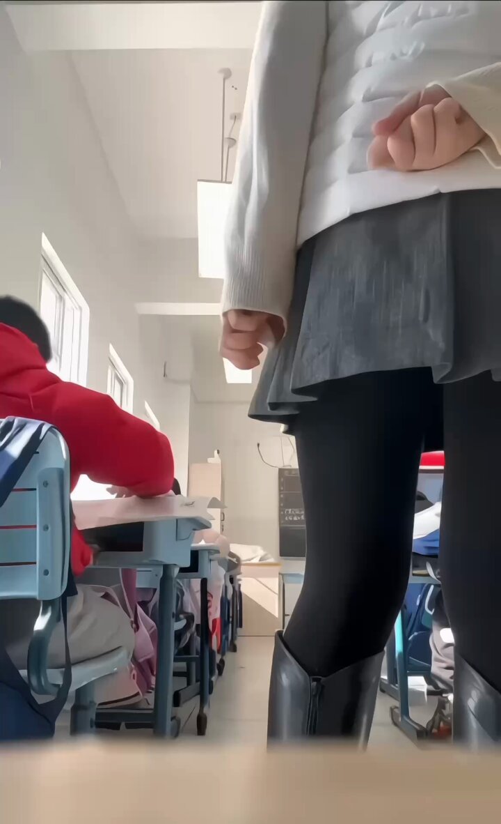 Schoolgirl in Classroom Shows Crotchless Thong and Honey Hole Under Micro Skirt with Black Stockings!
