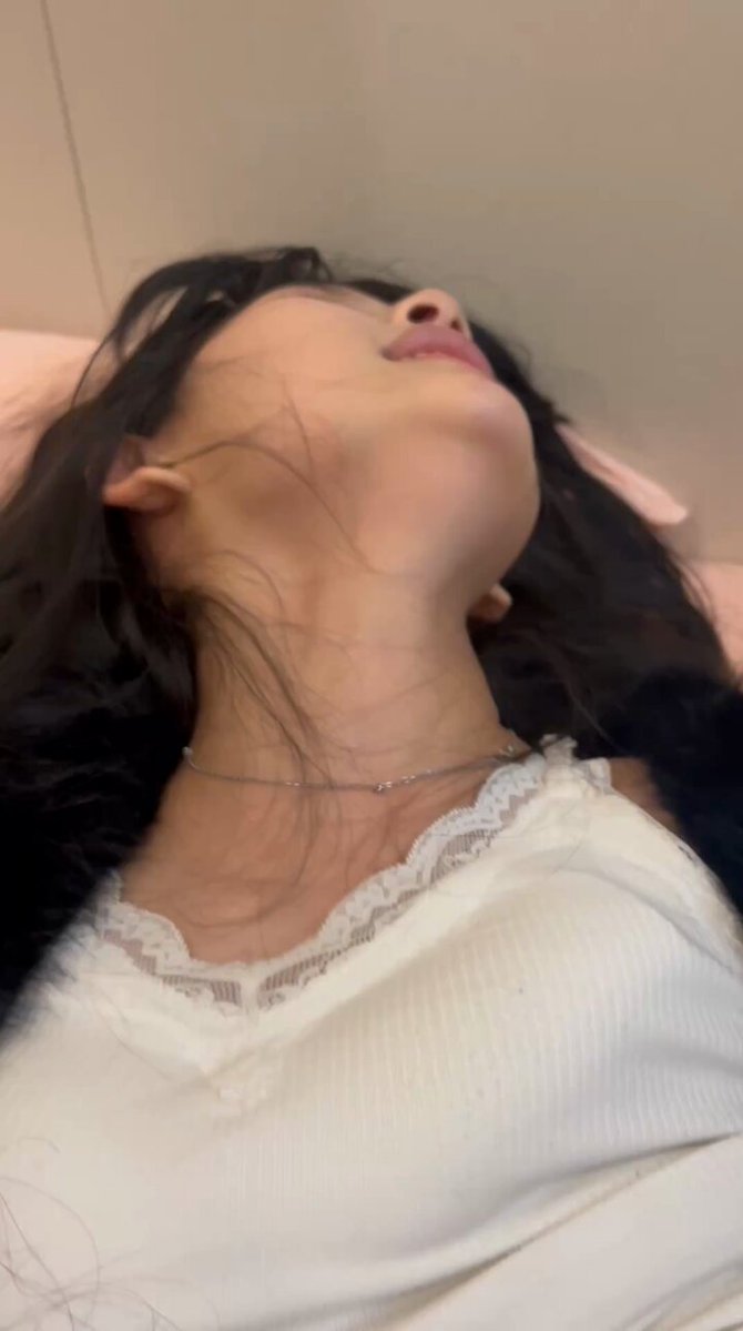 Black-Haired Beauty Moans with Her Head Thrown Back! Lace Camisole Reveals Busty, Wild Temptation
