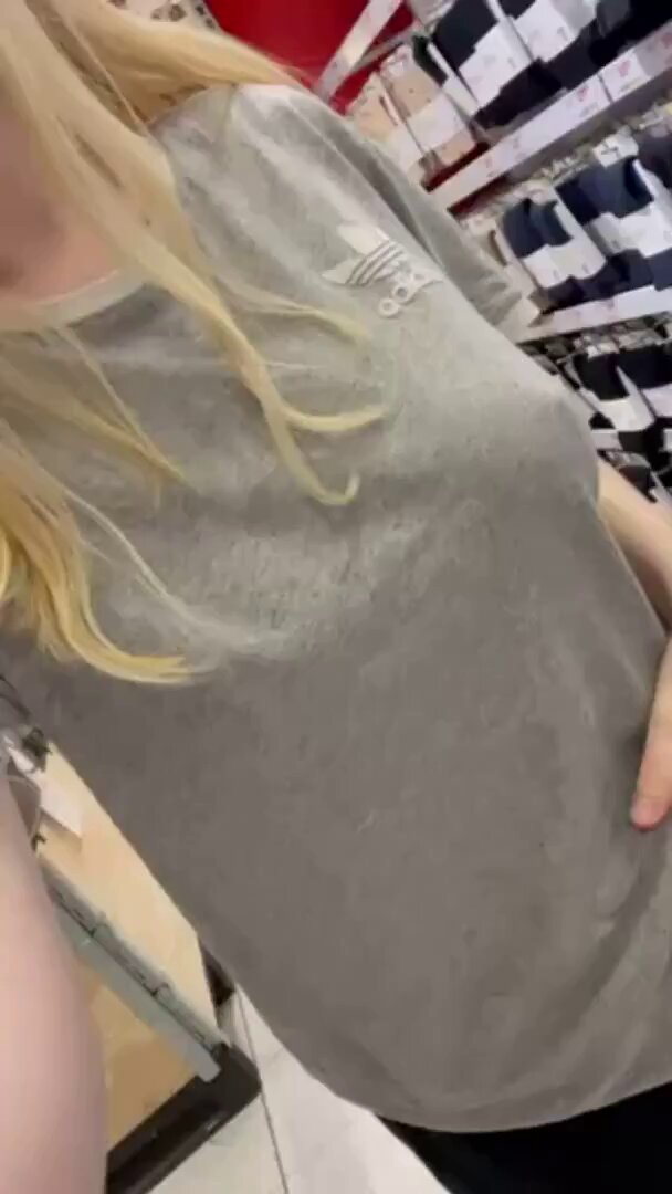 Bold Breast Exposure in Supermarket! Blonde Beauty's Huge Breasts Swaying Under Adidas Shirt, Temptation
