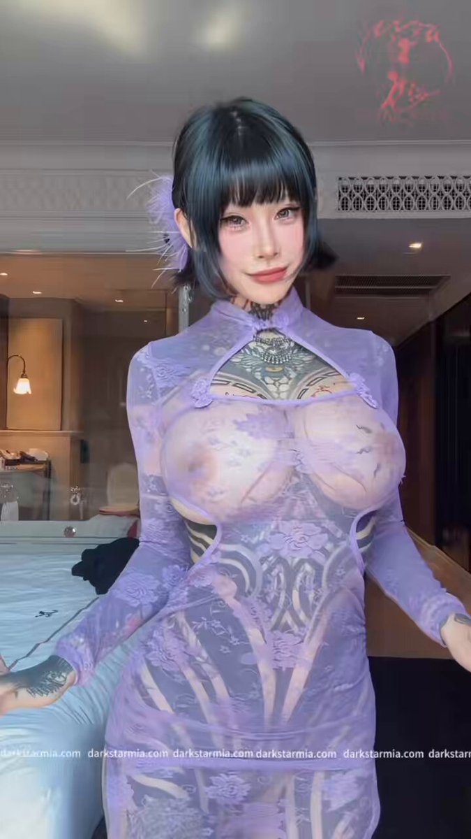 Tattooed Beauty in a Purple Sheer Qipao — Large Breasts Peeking, Seductive Hip Sway