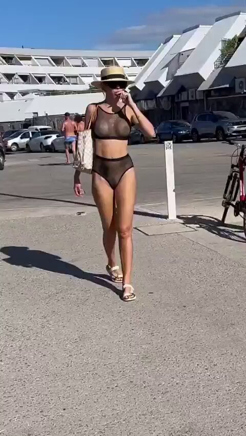 Beach Mesh-Bikini Babe! Swaying Booty Seductive Catwalk — Transparent Lingerie Fully Revealed