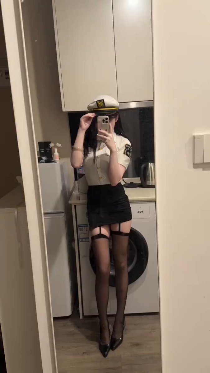 Flight Attendant Uniform Temptation! Ultra-Sexy Kitchen Selfie in Black Stockings and a Mini Skirt