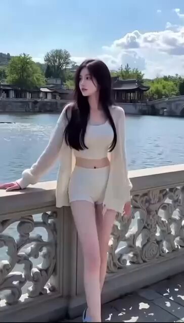 湖畔の橋で美脚美女が超ミニホットパンツで誘惑して揺れる