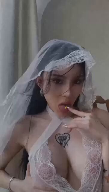 Tattooed Bride in Wedding Dress Seduction! Big Breasts Lick Lips and Play with Boobs — Super Teasing