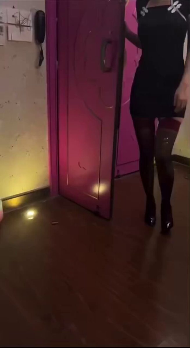 Two Black-Stocking Beauties, Double Tease! Mini-Skirt Door-Opening Show, Long Legs in High Heels, Infinite Lewdness