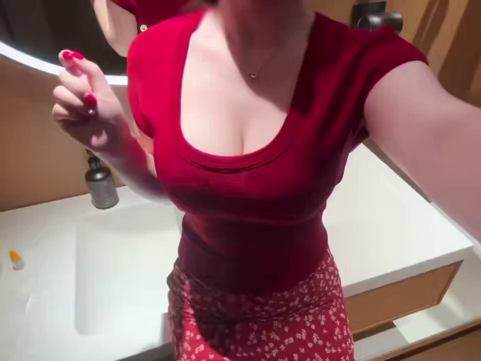 Red-Clad Beauty Self-Pleasures in Bathroom, Huge Breasts Jiggle Seductively!