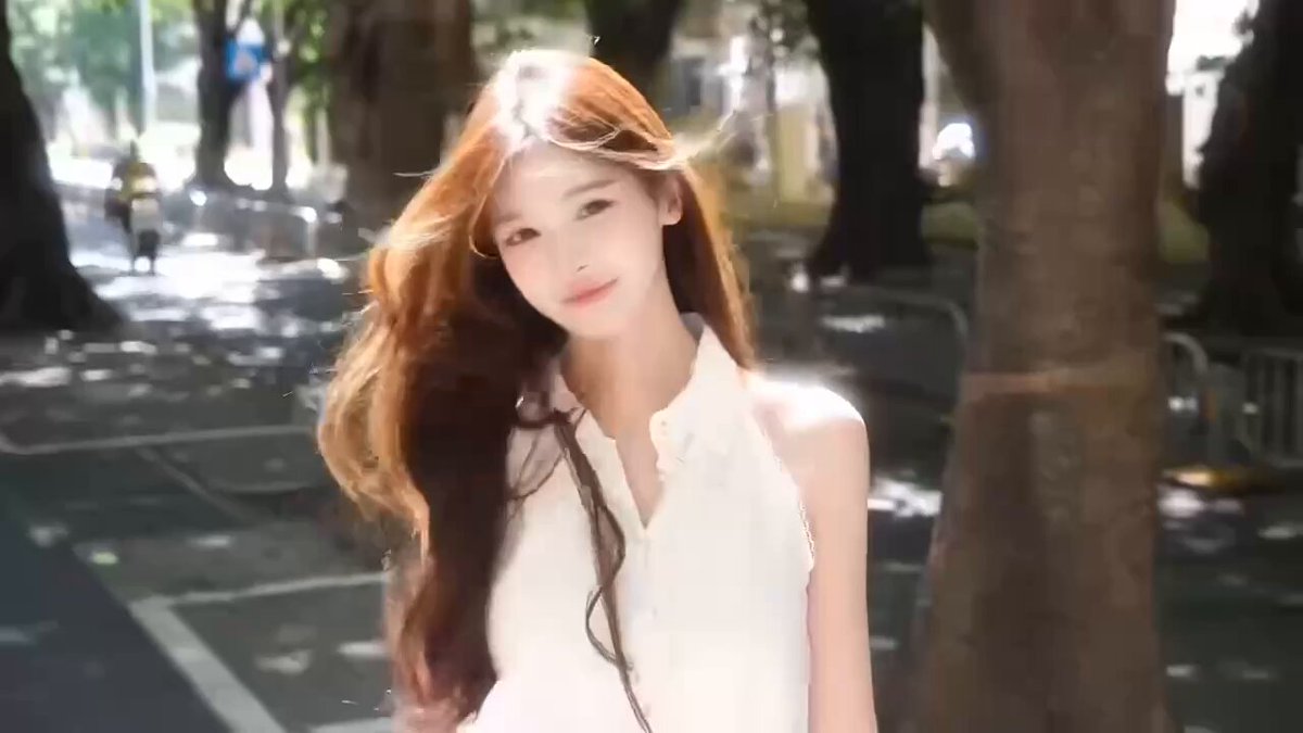 红发美女公园风采：露肩白裙，魅力十足