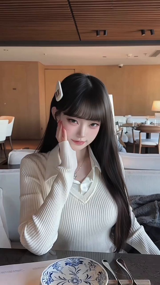Catgirl with Bangs Tempts in Restaurant! Busty in White Sweater, Skirt Tease Reveals Endless Pleasures