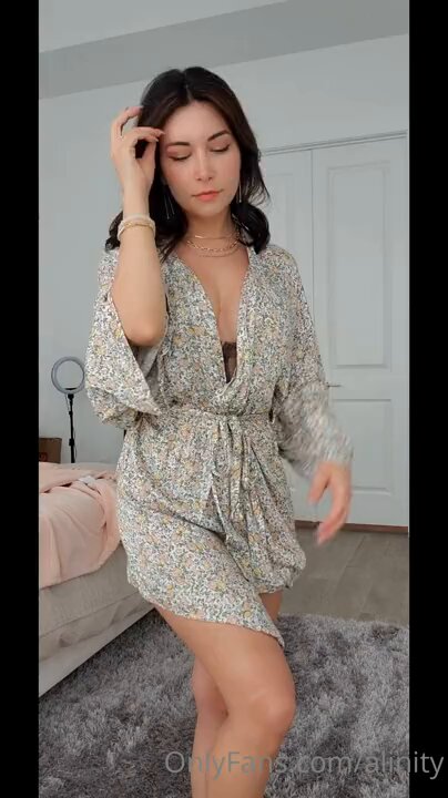 Sexy Woman in Patterned Robe Tempts with Hip-Swaying, Big Breasts and Perky Butt