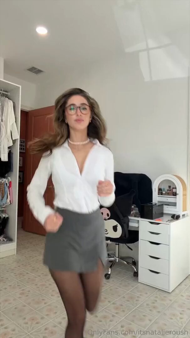 Glasses OL Beauty Natalie in a Deep-V White Shirt Unbuttons to Tempt, Black Stockings and Short Skirt Swaying Her Perky Butt