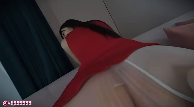 Red-dress beauty's perky butt pounded from behind! Stocking-clad cock rams straight into her pink asshole, squirting at orgasm