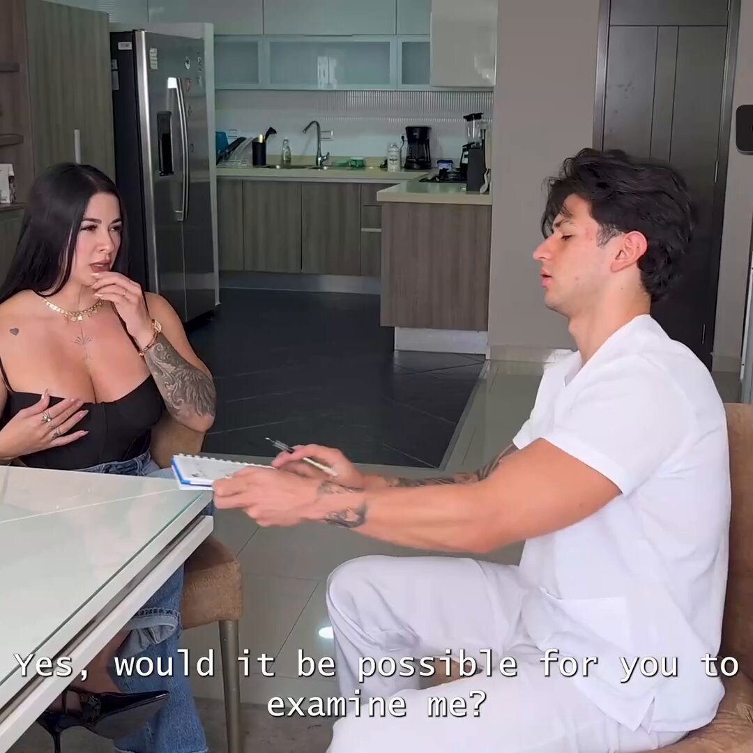 Busty Beauty Seeks Medical Help in the Kitchen! Tattooed Handsome Doctor Roughly Rubs Massive Breasts During Exam