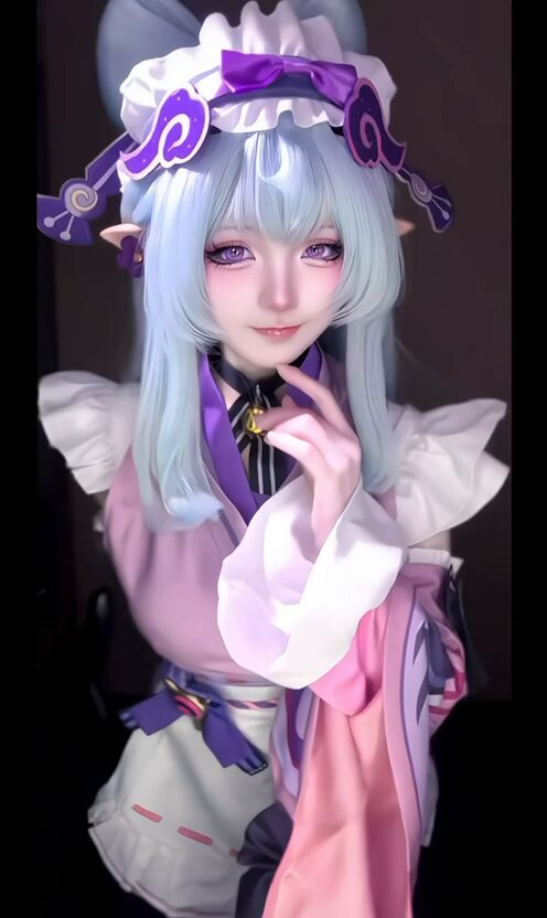 Silver-Haired Cat-Ear Maid Fox-Spirit Seduction! Busty Swaying Breasts Under Pink Kimono, Wild Squirting