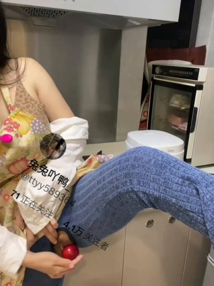 Masked Kitchen Slut Plays with an Apple and Masturbates! Busty Beauty Bares Breasts in a Tempting Show