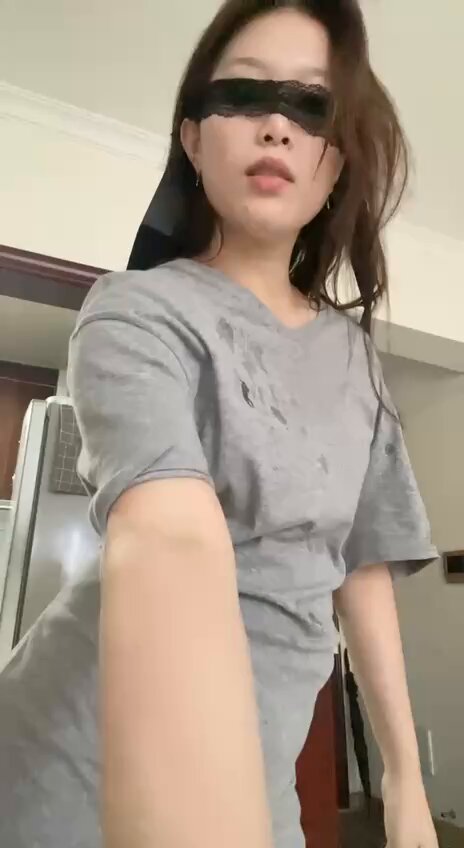 Blindfolded horny girl in a wet grey T-shirt seduces, moaning and gyrating her hips, begging to be fucked!