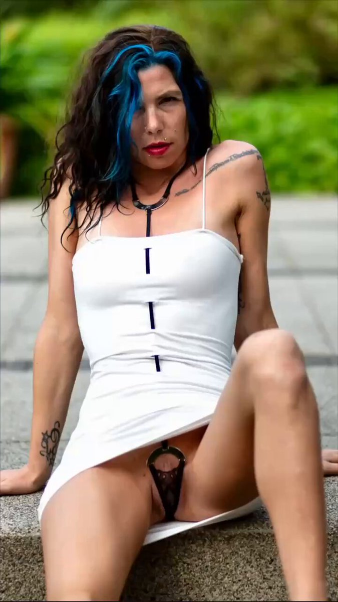 Blue-haired slut exposes her vulva outdoors with a plug, cum-licking wild yoga seduction!