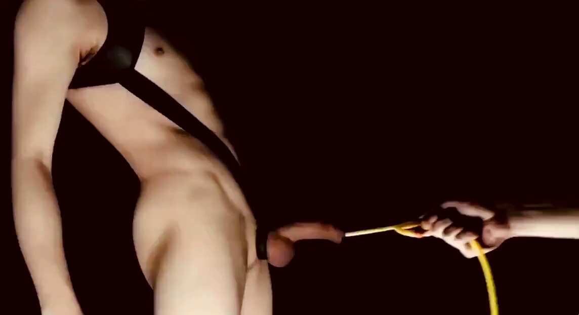 Handsome man bound by a belt as his huge cock is wildly yanked, lewdly exposed to climax!