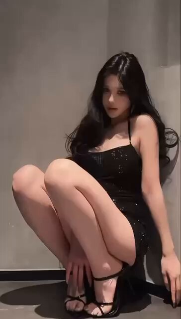 黒スト＆光沢ミニスカの女の子がしゃがんで誘惑、美脚とプリッとしたヒップを大胆アピール