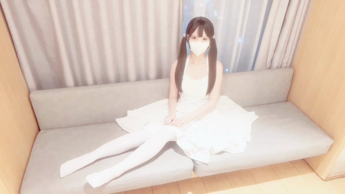 Masked twin-tail loli in a white dress seduces on the sofa, legs spread waiting for a big cock to fuck hard!
