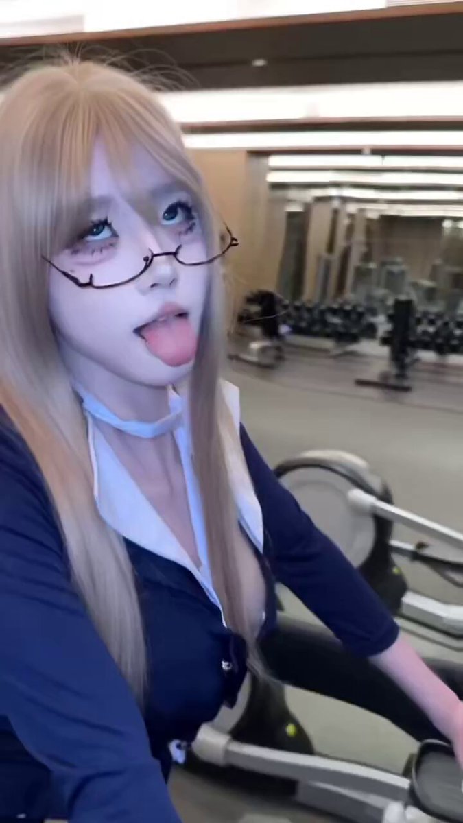 Gym Blonde Glasses OL Slut Sticks Out Her Tongue and Shows Her Boobs — Super Seductive!