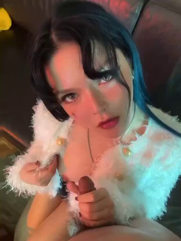 Goth Black-Haired Horny Girl Licks a Cock with Her Tongue — Feather Outfit Teasing a Big Dick, Ultra Seductive