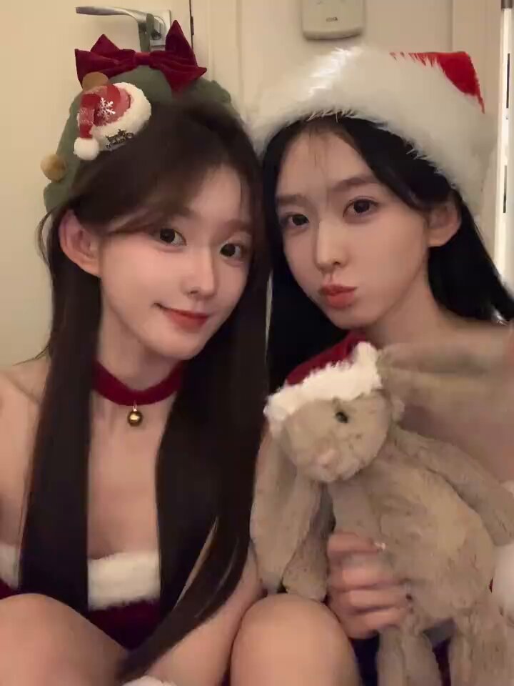 Christmas Bunny Girls Temptation! Two Beautiful Girls with Big Boobs in Deep V Play with Toys