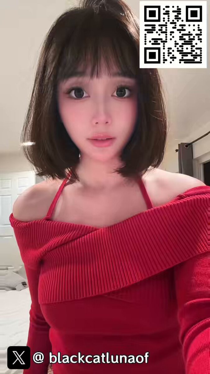 Black Cat Luna in Red Revealing Her Breasts — Self-Touching Big-Breasted Tease