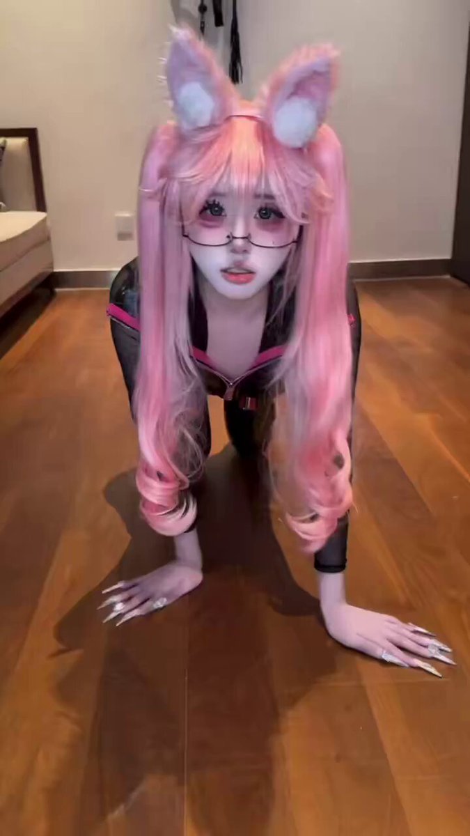 Pink-Haired Catgirl Glasses Babe Crawling on All Fours, Licking a Strap-On — High-Heel Masturbation Show